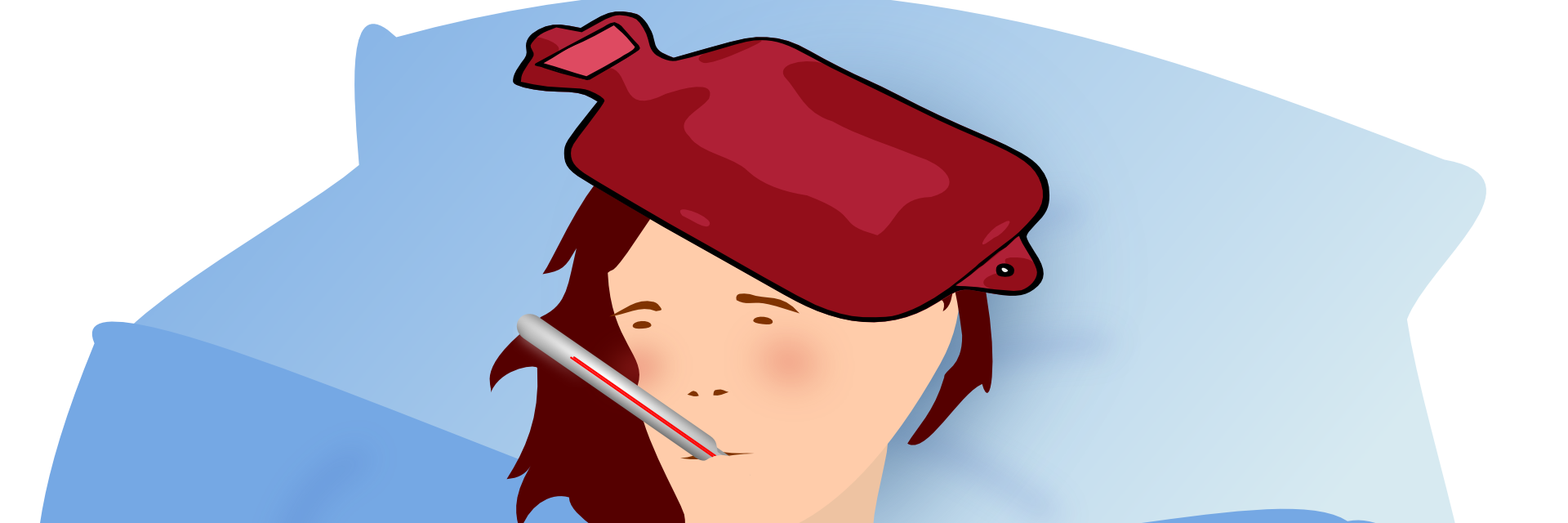 Covid-19 - Symptome Frau im Bett mit Schnupfen, Fieberthermometer, Fieber