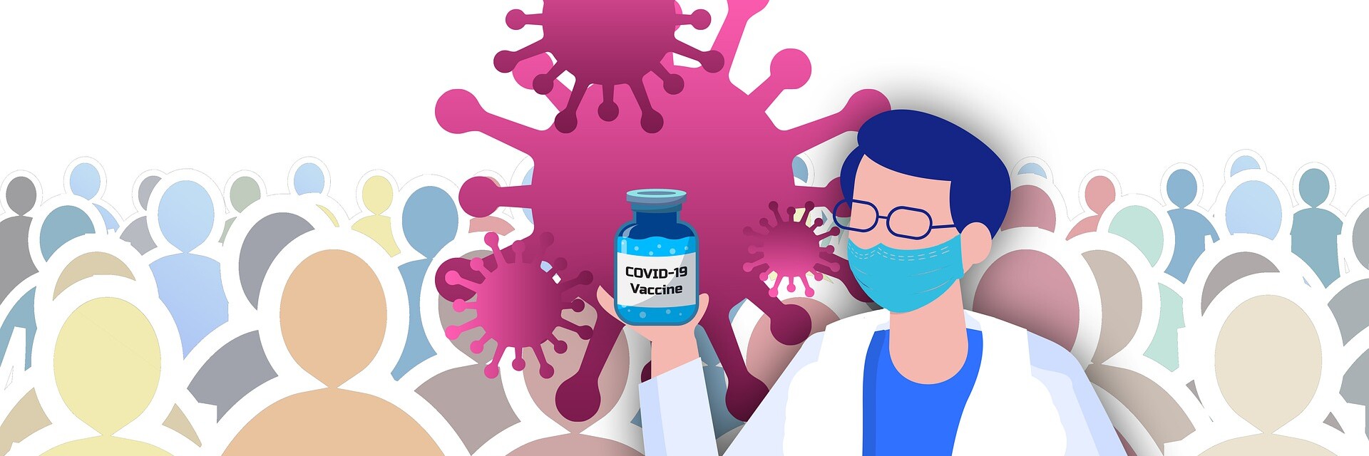 Covid-19-Schutzimpfung - FAQ Arzt mit Corona-Schutzimpfungsampulle in der Hand - Menschen stehen im Hintergrund